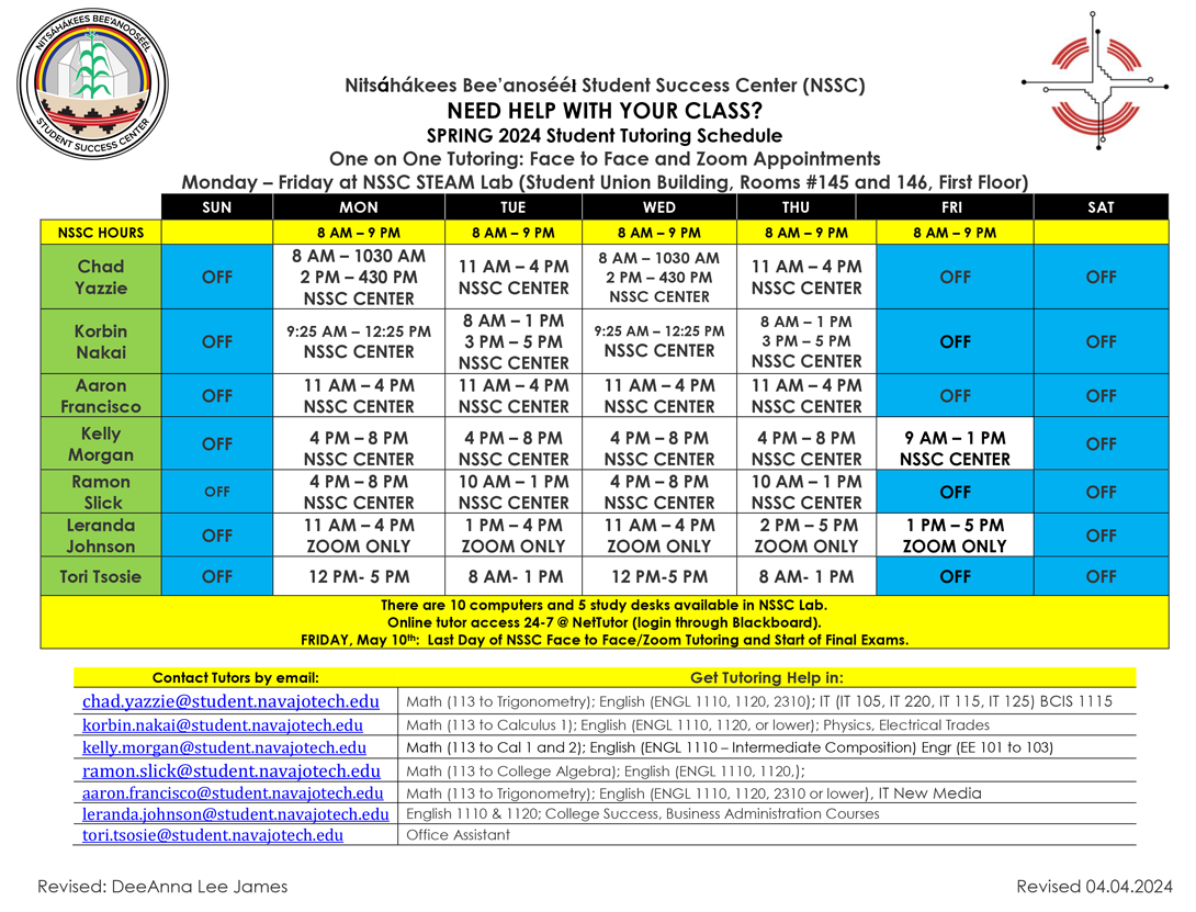 NSSC Tutor Schedule